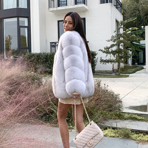 2022 New Lady Fox Fur Coat Luxury Five Rows Sleeve Solid Warm Full Fur Overcoat Winter 4896