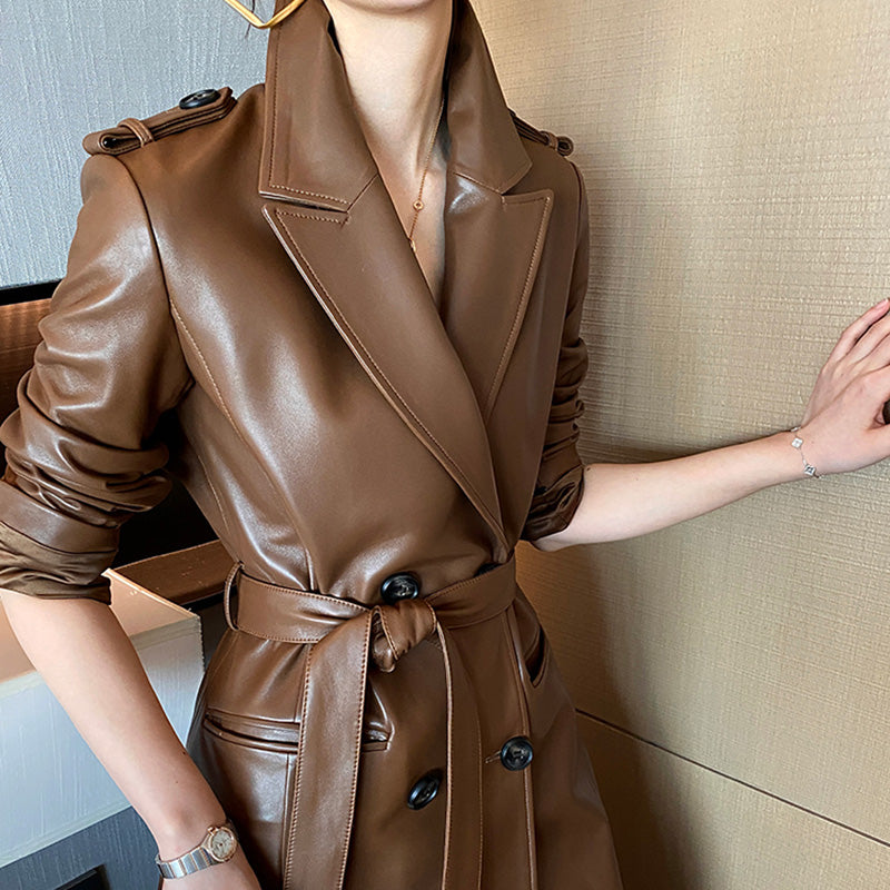 Women 2022 New Leather Trench Coats Lady Fashion Streetwear Genuine Leather  Jacket Long Full Sleeve Female Clothing CL4872