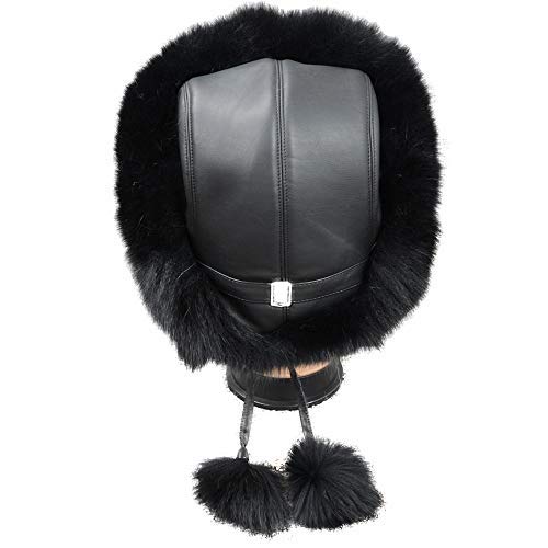 Winter Women Real Fox Fur Trapper Hat Russian Caps with Pompom Black