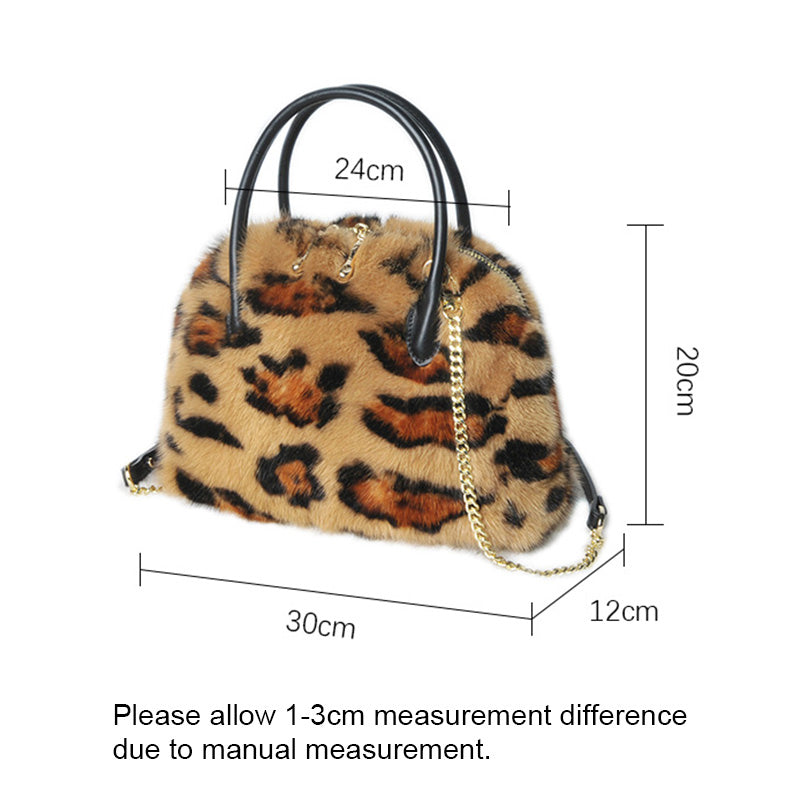 Real Mink Fur Designer Leopard Print Handbag Mini Shell Bag