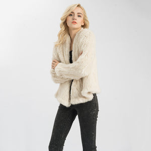 Ladies Real Rabbit Fur Coat Knitted Soft Fur Jacket Beige