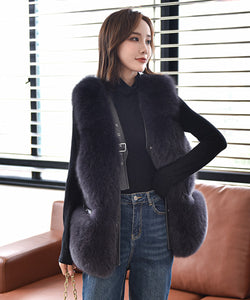 Women's Luxury Leather Gilet Winter Warm Real Fur Vest Fashion Waistcoat