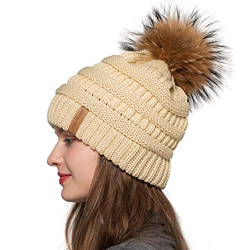 Women Winter Warm Hat Large Fur Pom Pom Beanie Hat