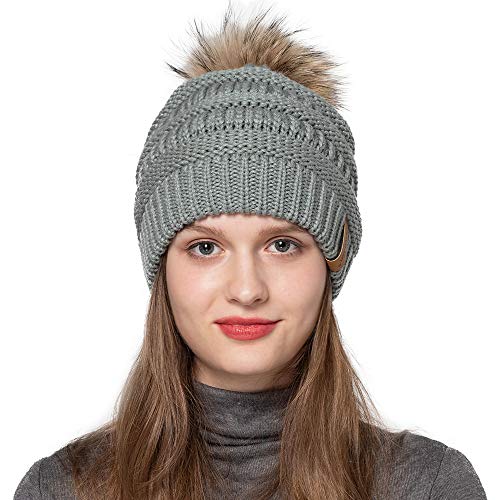 Women Winter Hat Large Raccoon Fur Pom Pom Beanie Hat Knitted Skull Caps Grey