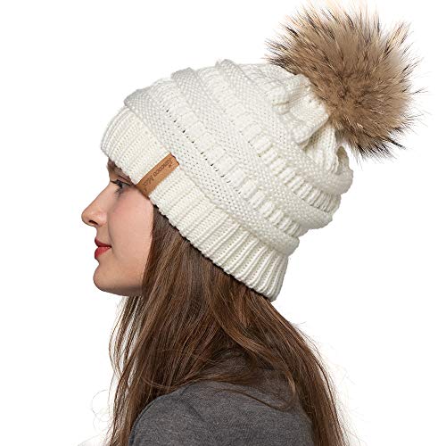 Women Winter Hat Large Raccoon Fur Pom Pom Beanie Hat Cream