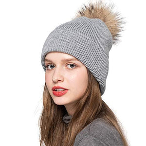 Women Knit Angora Beanie Hat Winter Ski with Raccoon Fur Pompom Light Grey