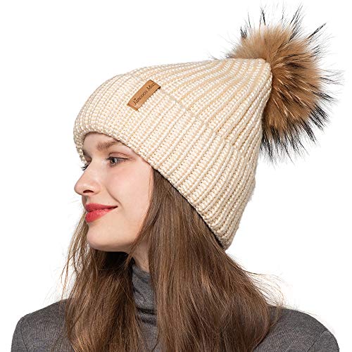 Womens Winter Hat Pom Pom Knitted Hat Caps Skullies Beige