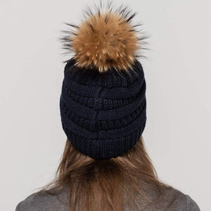 Women Winter Knitted Beanie Hat Warm Caps with Raccoon Fur Ball Black