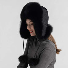 Load image into Gallery viewer, Lady Real Fox Fur Bomber Hat Ushanka Trapper Beanie Skiing Earflap Black