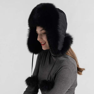 Lady Real Fox Fur Bomber Hat Ushanka Trapper Beanie Skiing Earflap Black