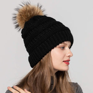 Women Winter Knitted Beanie Hat Warm Caps with Raccoon Fur Ball Black