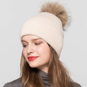 Women Angora Beanie Hat Winter Thick Ski Caps with Raccoon Fur Pompom Beige