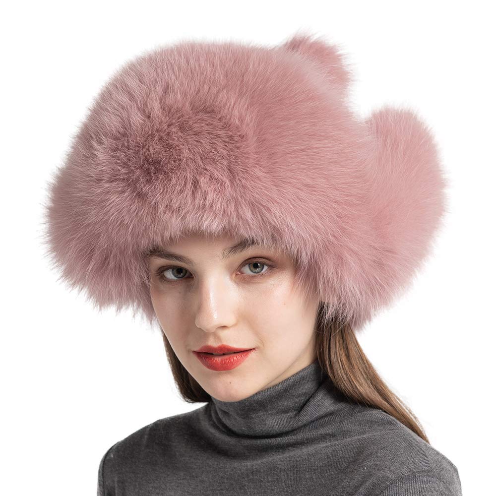 Women Winter Real Fox Fur Bomber Hat Pink Snow Skiing Caps Beanie Earflap