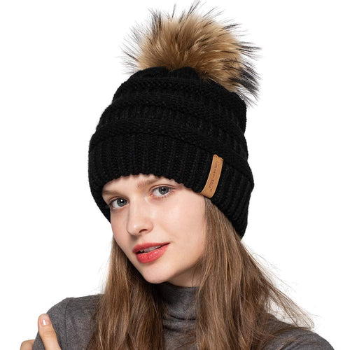 Women Winter Knitted Beanie Hat Warm Caps with Raccoon Fur Ball Black