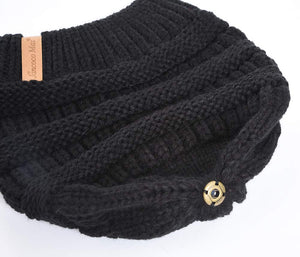 Women Winter Knitted Beanie Hat Warm Caps with Raccoon Fur Ball Black