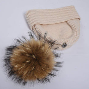 Women Angora Beanie Hat Winter Thick Ski Caps with Raccoon Fur Pompom Beige