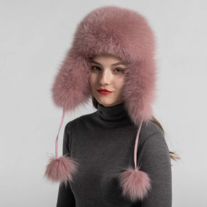 Women Winter Real Fox Fur Bomber Hat Pink Snow Skiing Caps Beanie Earflap