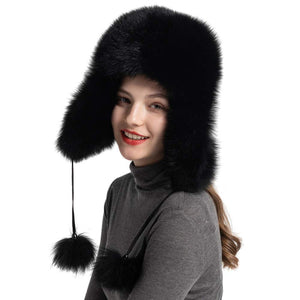 Lady Real Fox Fur Bomber Hat Ushanka Trapper Beanie Skiing Earflap Black