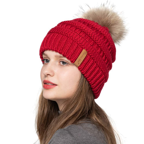 Women Winter Knitted Beanie Hat Warm Ski Caps with Raccoon Fur Pompom Red