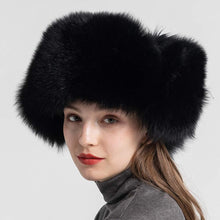 Load image into Gallery viewer, Lady Real Fox Fur Bomber Hat Ushanka Trapper Beanie Skiing Earflap Black