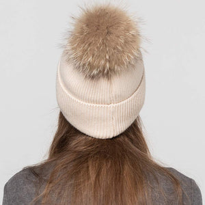 Women Angora Beanie Hat Winter Thick Ski Caps with Raccoon Fur Pompom Beige