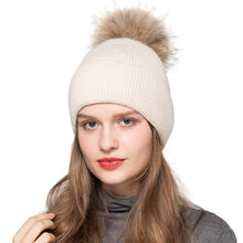 Load image into Gallery viewer, Women Angora Beanie Hat Winter Thick Ski Caps with Raccoon Fur Pompom Beige