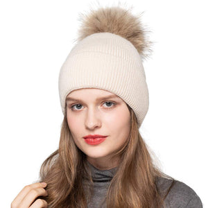 Women Angora Beanie Hat Winter Thick Ski Caps with Raccoon Fur Pompom Beige