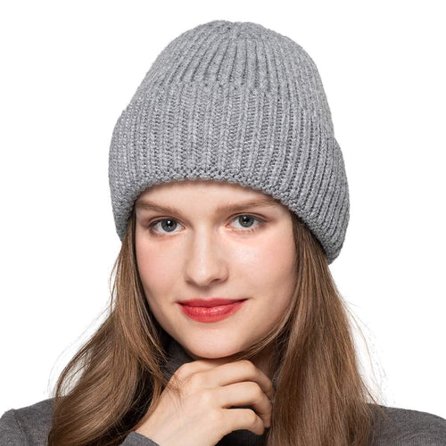 Women Angora Beanie Hat Cuffed Plain Knit Hat Cap Ski Soft Headwear Grey