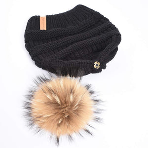 Women Winter Knitted Beanie Hat Warm Caps with Raccoon Fur Ball Black