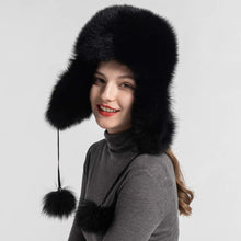 Load image into Gallery viewer, Lady Real Fox Fur Bomber Hat Ushanka Trapper Beanie Skiing Earflap Black