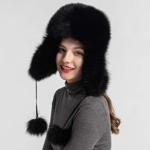 Lady Real Fox Fur Bomber Hat Ushanka Trapper Beanie Skiing Earflap Black