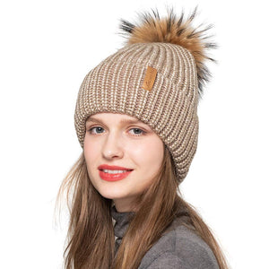 Ladies Winter Beanie Knitted Hat Real Large Raccoon Fur Pom Pom Caps Skullies Camel