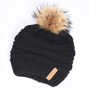 Women Winter Knitted Beanie Hat Warm Caps with Raccoon Fur Ball Black