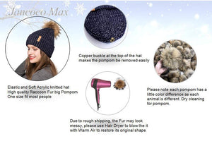 Ladies Winter Beanie Knitted Hat with Real Raccoon Fur Pom Pom Caps Grey