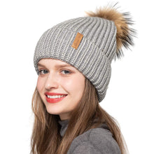 Load image into Gallery viewer, Ladies Winter Beanie Knitted Hat with Real Raccoon Fur Pom Pom Caps Grey