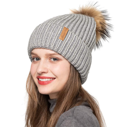 Ladies Winter Beanie Knitted Hat with Real Raccoon Fur Pom Pom Caps Grey