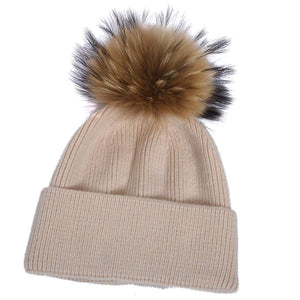 Women Angora Beanie Hat Winter Thick Ski Caps with Raccoon Fur Pompom Beige