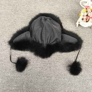 Lady Real Fox Fur Bomber Hat Ushanka Trapper Beanie Skiing Earflap Black