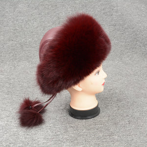 Real Fox Fur Lady Winter Wine Red Bomber Hats Big Fur Caps