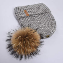 Load image into Gallery viewer, Ladies Winter Beanie Knitted Hat with Real Raccoon Fur Pom Pom Caps Grey