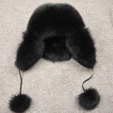 Load image into Gallery viewer, Lady Real Fox Fur Bomber Hat Ushanka Trapper Beanie Skiing Earflap Black