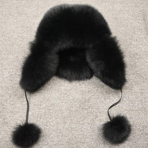 Lady Real Fox Fur Bomber Hat Ushanka Trapper Beanie Skiing Earflap Black