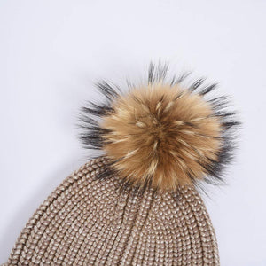 Ladies Winter Beanie Knitted Hat Real Large Raccoon Fur Pom Pom Caps Skullies Camel