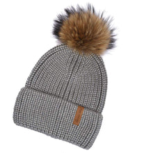 Load image into Gallery viewer, Ladies Winter Beanie Knitted Hat with Real Raccoon Fur Pom Pom Caps Grey