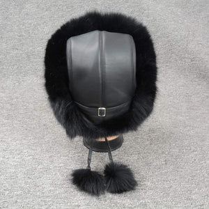 Winter Women Real Fox Fur Trapper Hat Russian Caps with Pompom Black