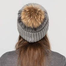 Load image into Gallery viewer, Ladies Winter Beanie Knitted Hat with Real Raccoon Fur Pom Pom Caps Grey