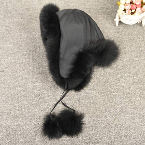 Lady Real Fox Fur Bomber Hat Ushanka Trapper Beanie Skiing Earflap Black