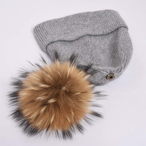 Women Knit Angora Beanie Hat Winter Ski with Raccoon Fur Pompom Light Grey