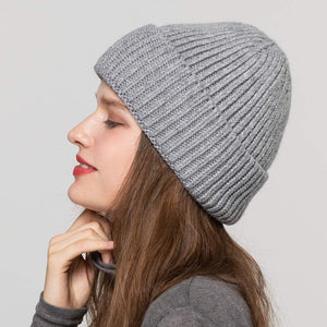 Women Angora Beanie Hat Cuffed Plain Knit Hat Cap Ski Soft Headwear Grey