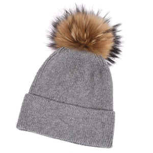 Women Knit Angora Beanie Hat Winter Ski with Raccoon Fur Pompom Light Grey